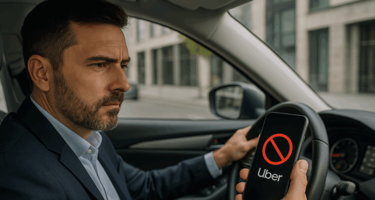 chauffeur vtc rattachement qui regarde un ecran de telephone avec l'application de uber dessus